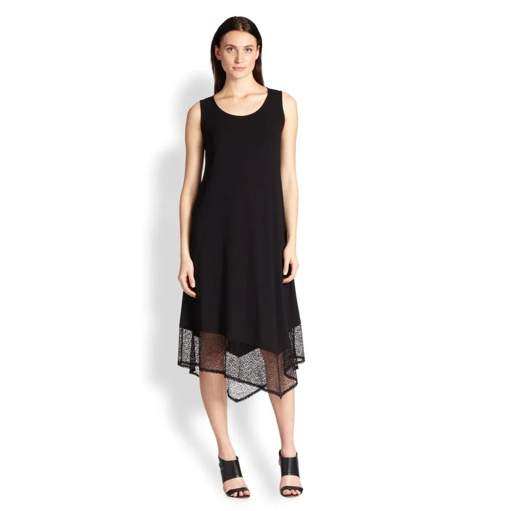 Eileen Fisher Black Sleeveless Midi Dress Knit‎ Jersey Lace Hem
